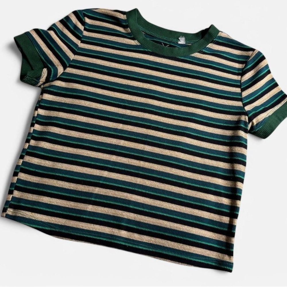 Green, black, and sparkly gold striped T-shirt